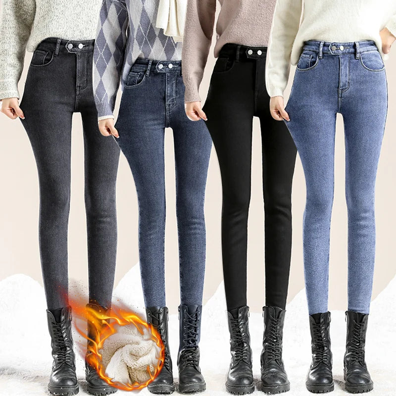 New Women Thermal Jeans Winter Snow Warm Plush Stretch Jeans Lady Skinny Thicken Students Denim Pants Fleece Mom Fur Trousers