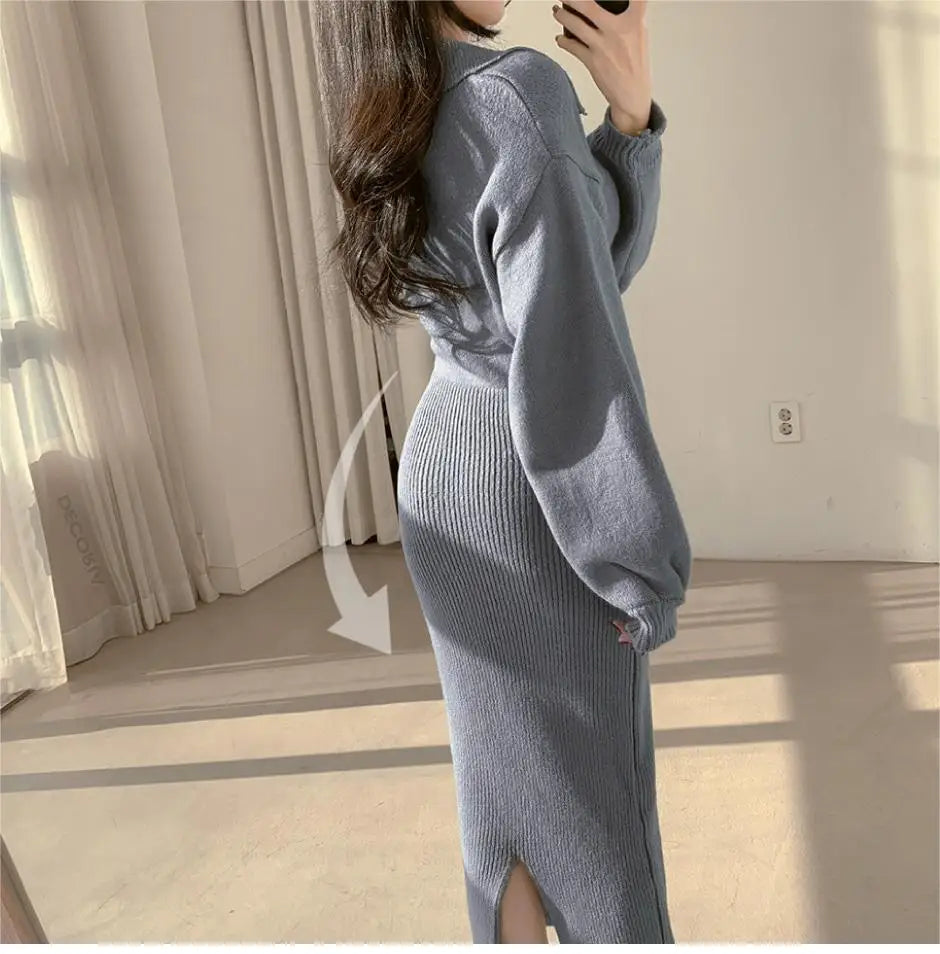 Vintage Long Sleeve V-neck Knitted Sweater Midi Dresses for Women Zipper Lapel Elegant Warm Bodycon Dresses Autumn Winter 2024 - Seprincess