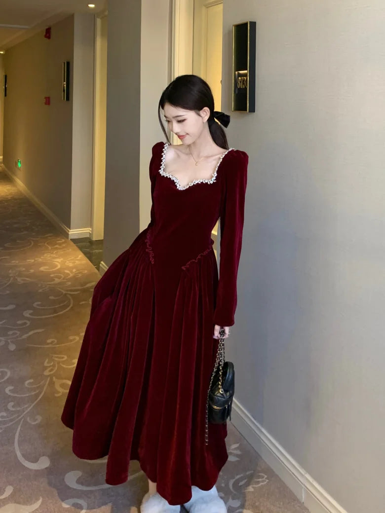 Vintage Evening Party Velvet Dresses for Woman Elegant Fashion Wedding Birthday Prom Long Sleeves Female Clothing Black Robe - Seprincess