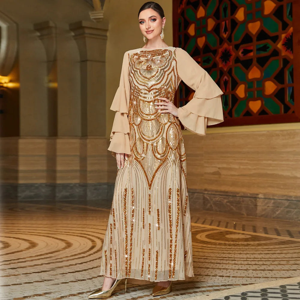 Eid Muslim Sequins Dress for Women Abaya Ramadan 3 Layers Butterfly Sleeve Long Abayas Woman Robe Moroccan Caftan Vestidos - Seprincess