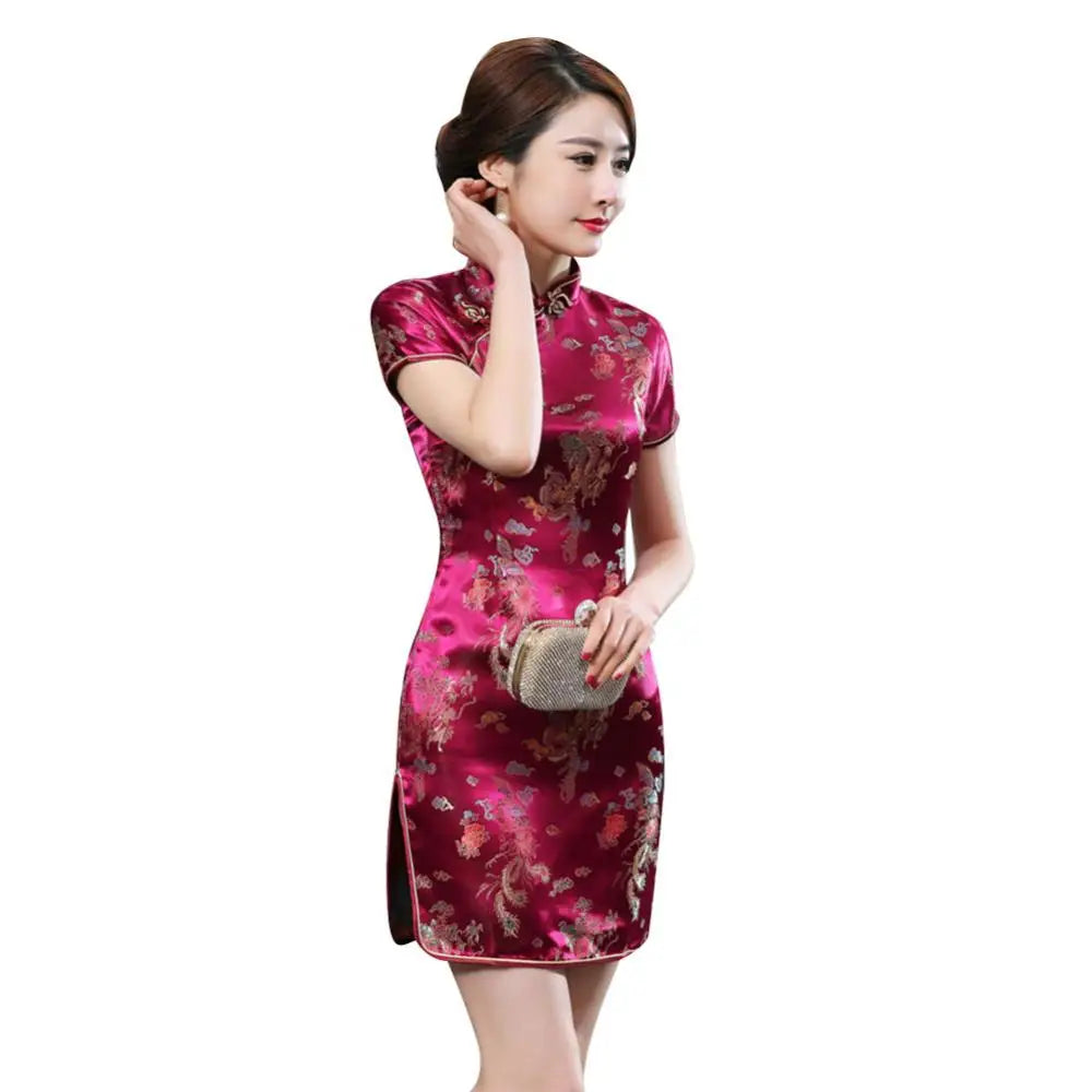 Vintage Summer Short Cheongsam Dress Chinese Dragon Phoenix Embroidery High Neck Slim Vestido Qipao Dresses Split Mini Dress - Seprincess