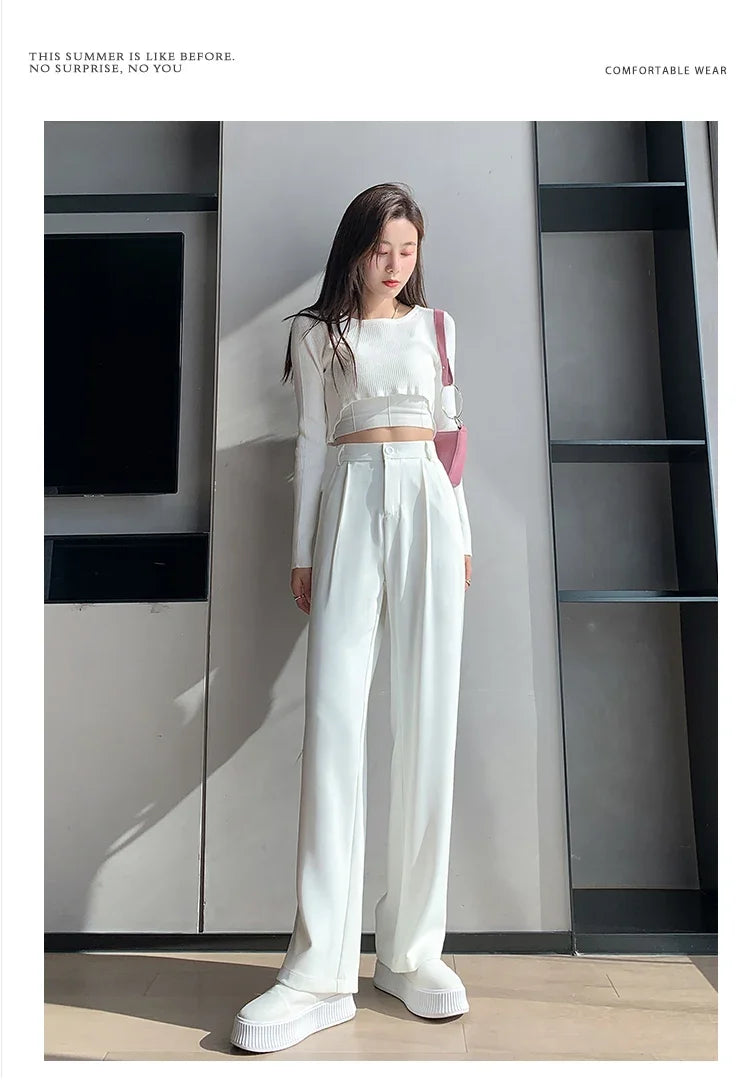 Casual High Waist Loose Wide Leg Pants for Women Spring Autumn New Female Floor-Length White Suits Pants Ladies Long Trousers