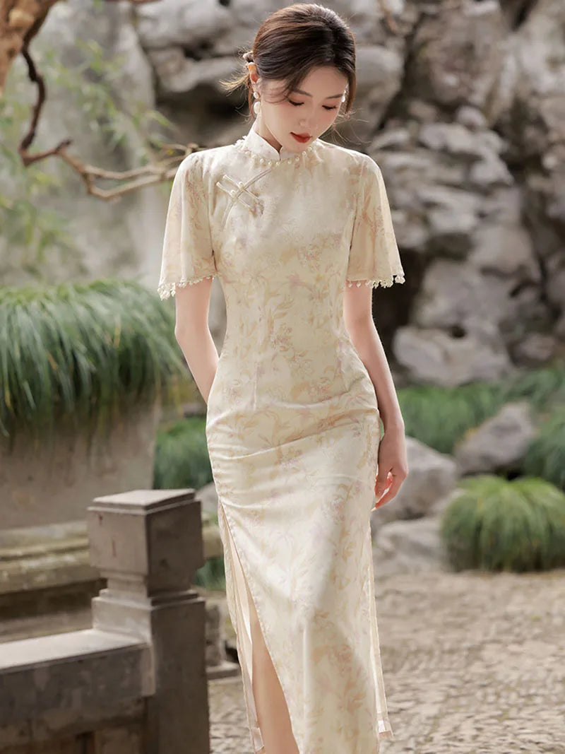 2024 Spring Traditional Cheongsam Short Sleeve Soft Vintage Dress Slim Party Wedding Costumes Elegant Long Qipao S To XXL - Seprincess