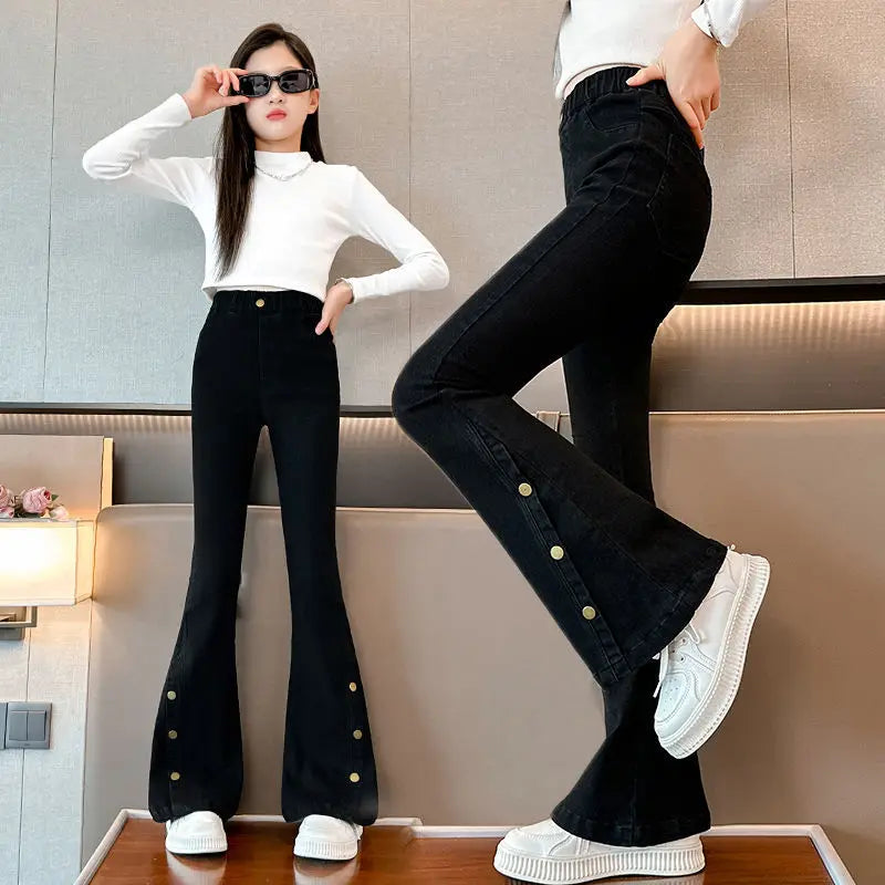 Fashion Jeans for Girls New Arrvial Kids Black Vintage Tight Denim Flare Pants Spring Autumn Teenage Children's Slim Trousers