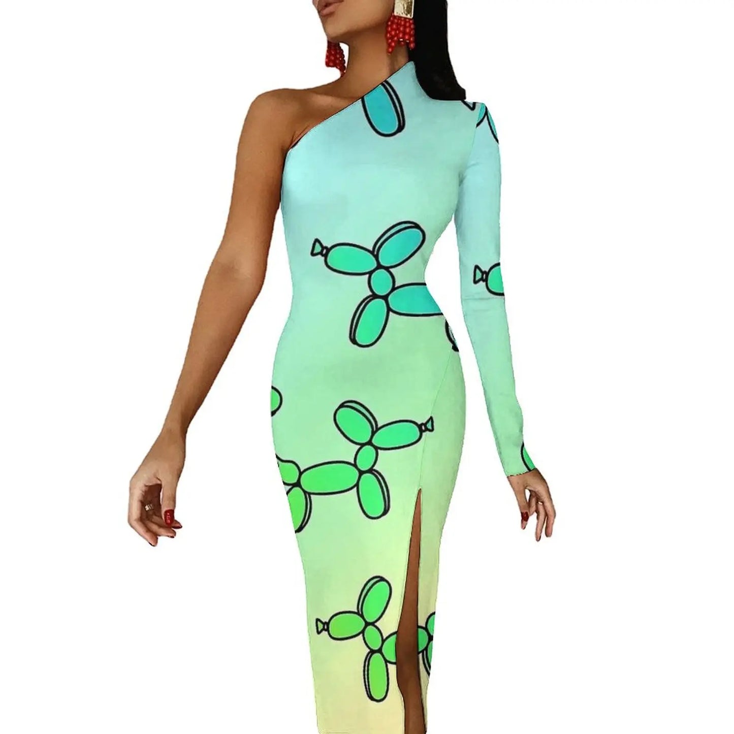 Watercolor Balloon Dogs Maxi Dress Long Sleeve  Sexy Bodycon Dress Spring Aesthetic Long Dresses Female Design Clothing - Seprincess