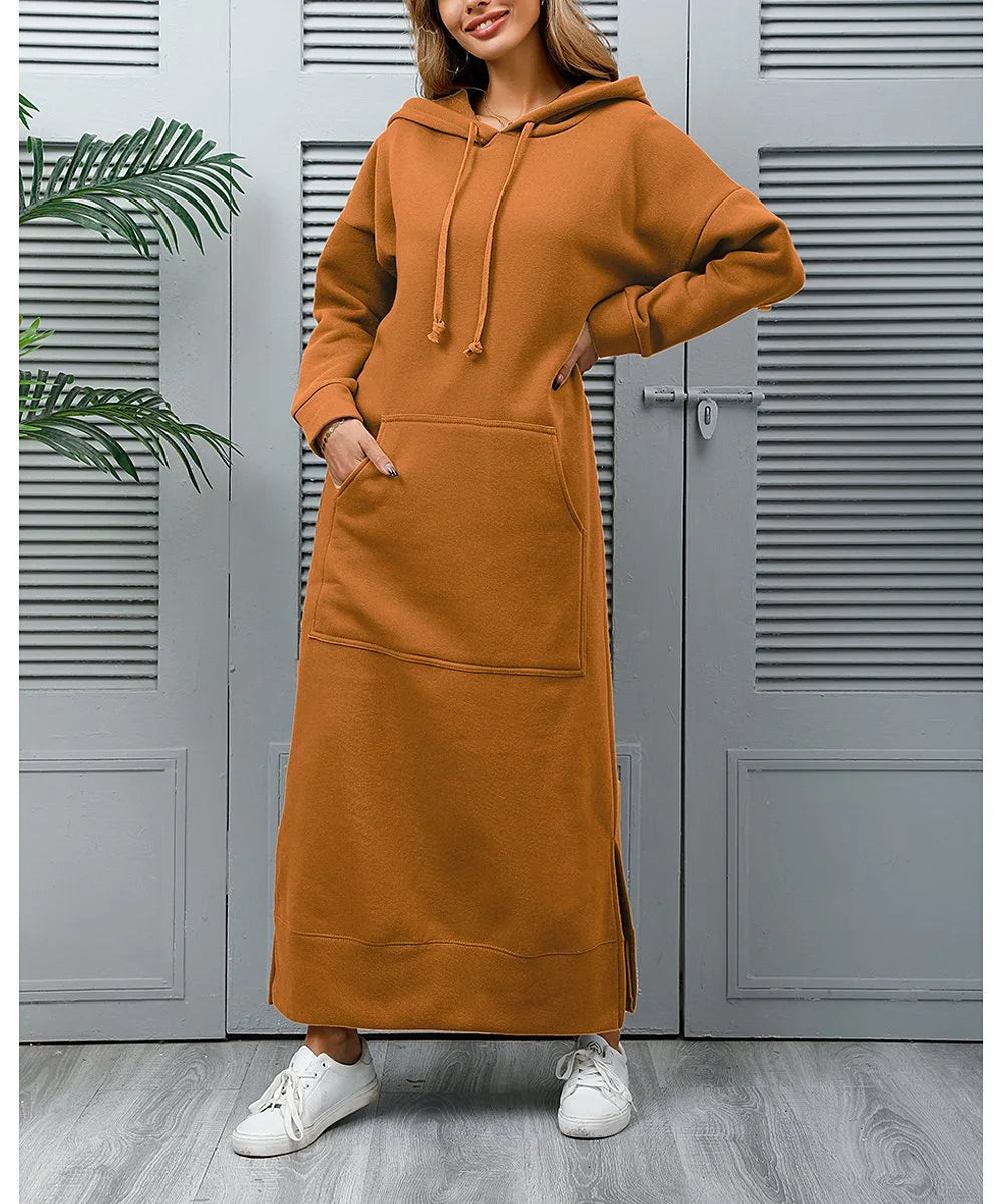 Autumn Winter Women's Loose Knitted Hooded Long Dress Plush Warm Casual Large Pocket Dresses For Women - Seprincess