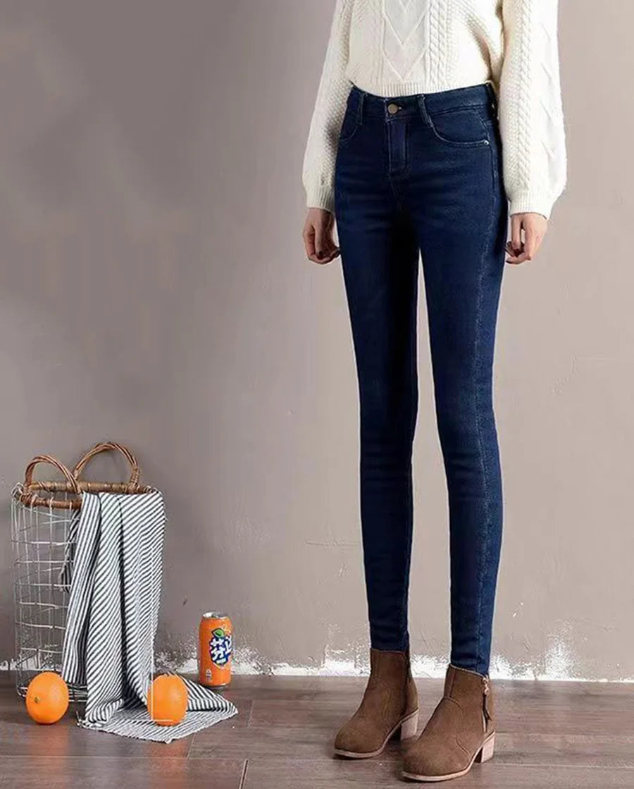 Winter Thicken Fleece Lined Women Jeans Vintage High Waist Snow Wear Vaqueros Casual Skinny Pencil Pants Big Size Warm Pantalons