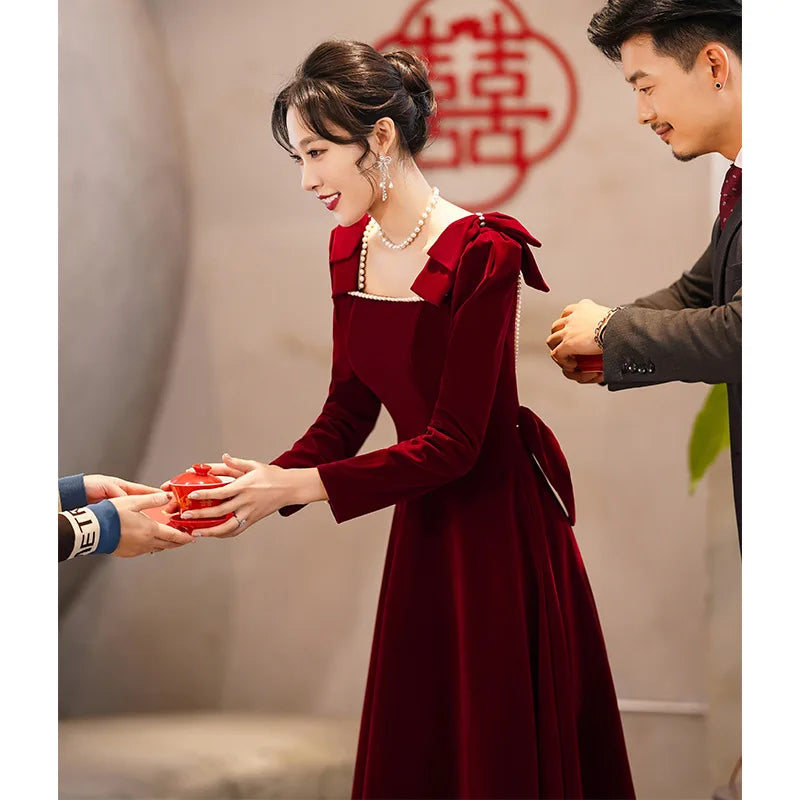 Burgundy Velvet Evening Dress Elegant Beaded Square Collar Engagement Dresses Temperament Bow Long Sleeve Formal Banquet Gown - Seprincess