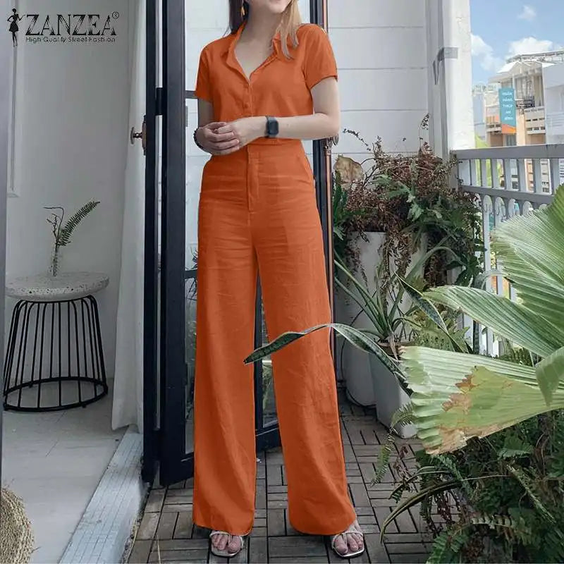 ZANZEA Summer Women Matching Sets OL Work Outfits Causal Short Sleeve Shirt Loose Wide Leg Pants Fashion Suit Urban Tracksuits - Seprincess