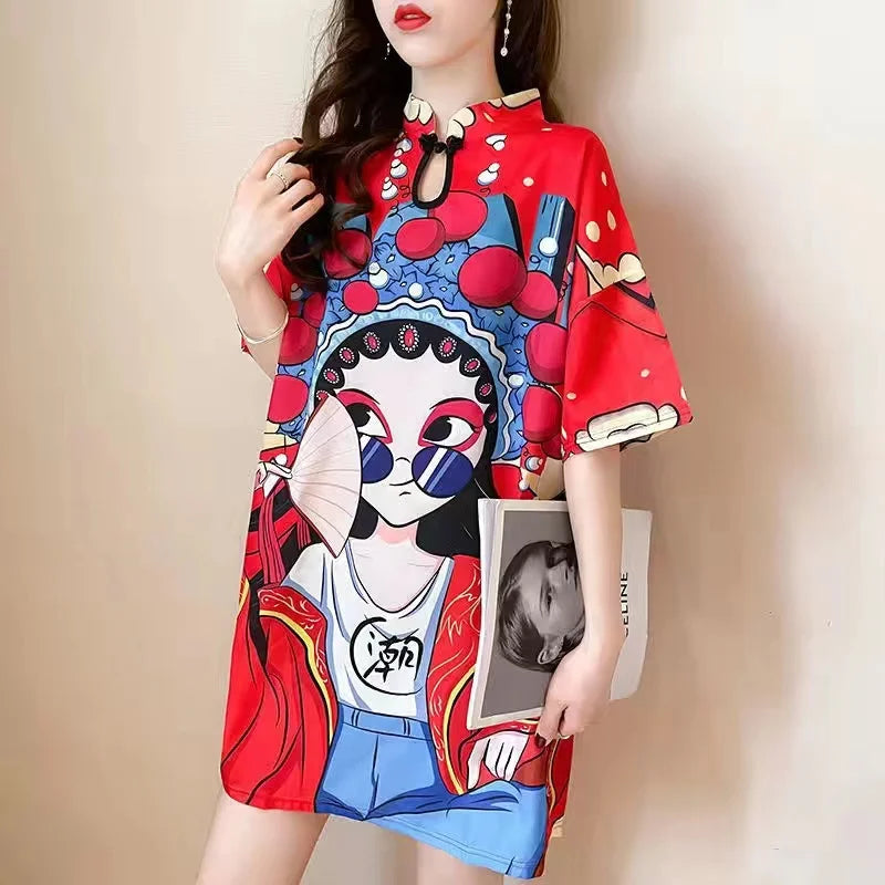 Chinese Fashion Print Dress Women Summer Long Sleeve National Style Cheongsam 2022 Modern Improve Vintage Elegant Loose Qipao - Seprincess