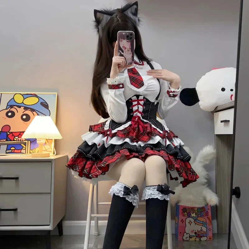 Plaid Patchwork Design Y2k Lolita Dress Sets Halloween Uniform Kawaii Mini Skirt Cosplay Anime Three Pieces Suit For Women - Seprincess