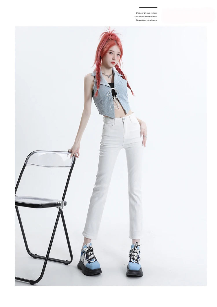 High Waisted Straight Slim Elastic Denim Jeans For Women Smoke Pipe 9,8 Pants Casual Brand Sexy Trousers Female