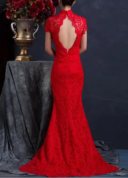 Chinese Cheongsam Women Wedding Dress Summer Lace Open back Trailing Vintage Red Chipao - Seprincess