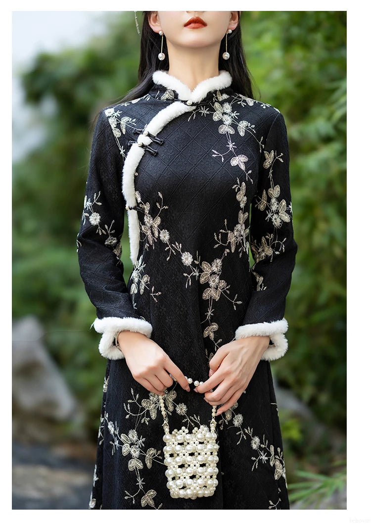 Fashion Chinese Style Traditional Fleece Thick Qipao Dress Winter New Printed Black Cheongsam for Women - Seprincess