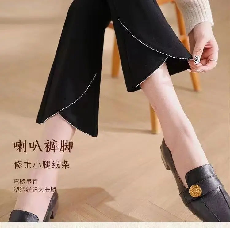 Women Korean Fashion Elegant Chic Flare Pants Autumn Winter Female Black High Waist Plush Thick Trousers Slim Pockets Pantalones