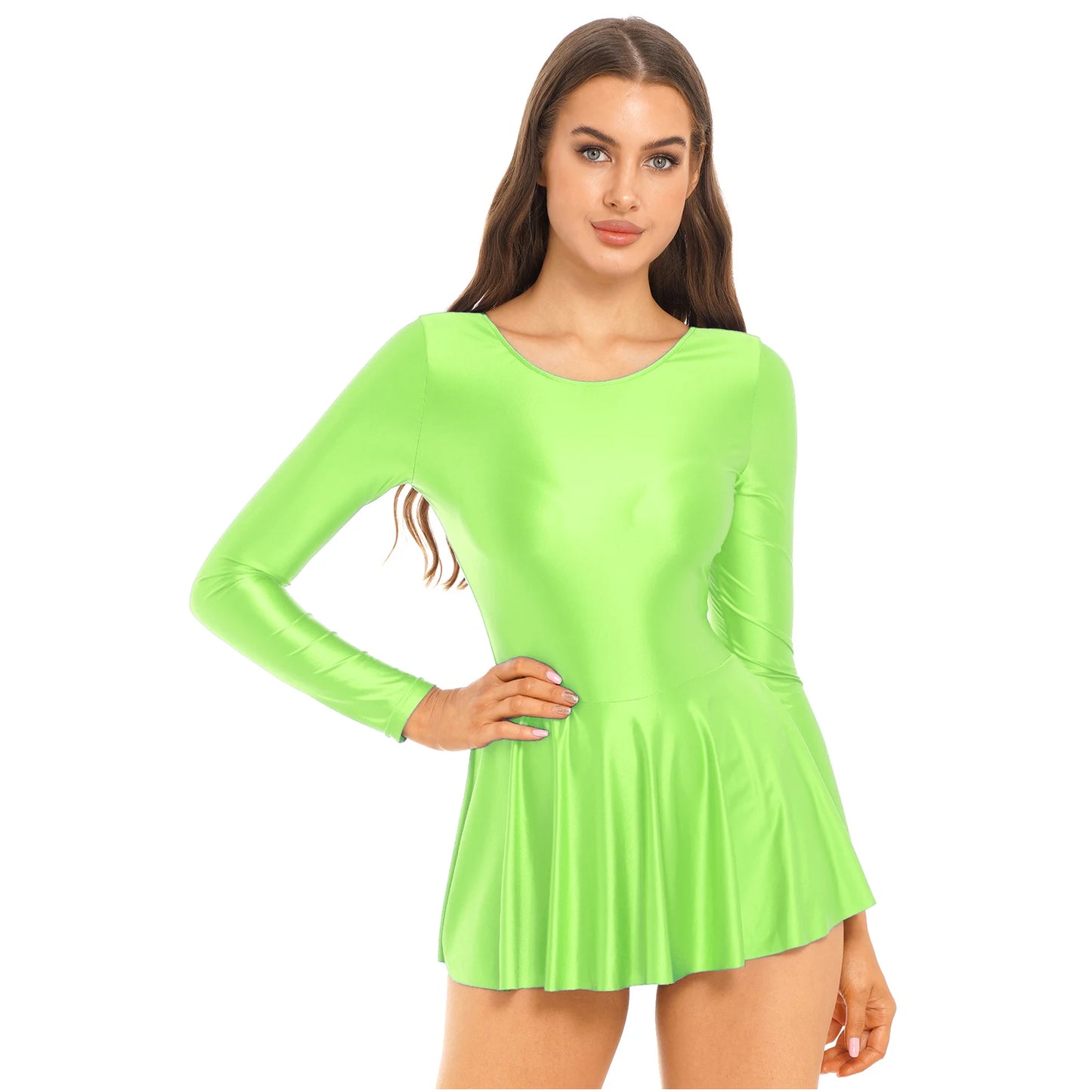 Mini Dress for Womens Glossy Long Sleeve Ruffled Dress for Sports Ballet Dance Party Clubbing Dresses Femme Gymnastics Leotard - Seprincess