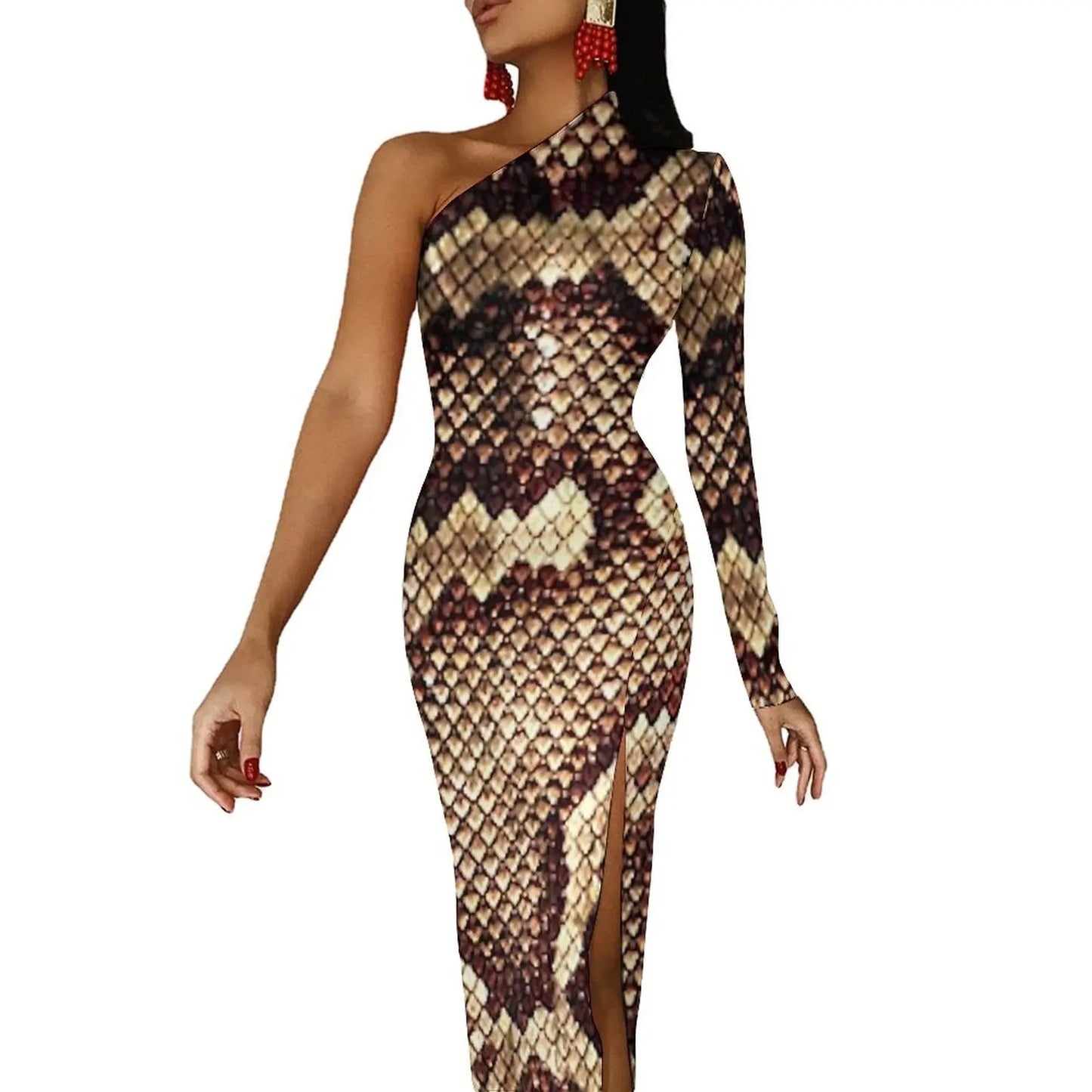 Vintage Snake Skin Brown Bodycon Dress Woman  Kawaii Maxi Dress Long Sleeve Party Custom Dresses Birthday Gift - Seprincess