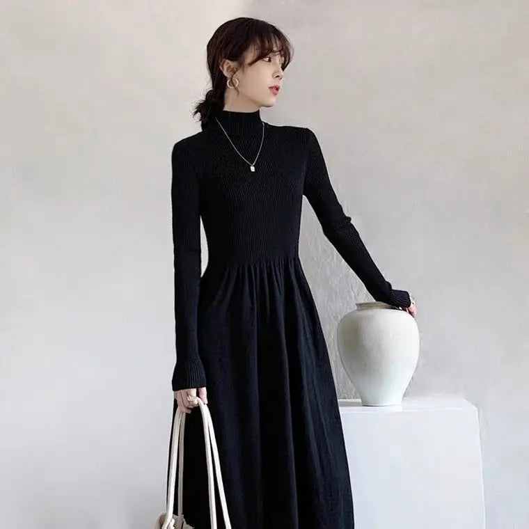 Autumn Winter Fashion Half High Collar Long Sleeve Solid Women's Clothing Waist Retraction Temperament All-match Knitting Dresse - Seprincess