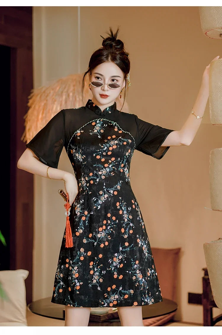 Modern Improved New Traditional Chinese Short Sleeve Cheongsam Sexy Black Floral Stitching Qipao Dress - Seprincess