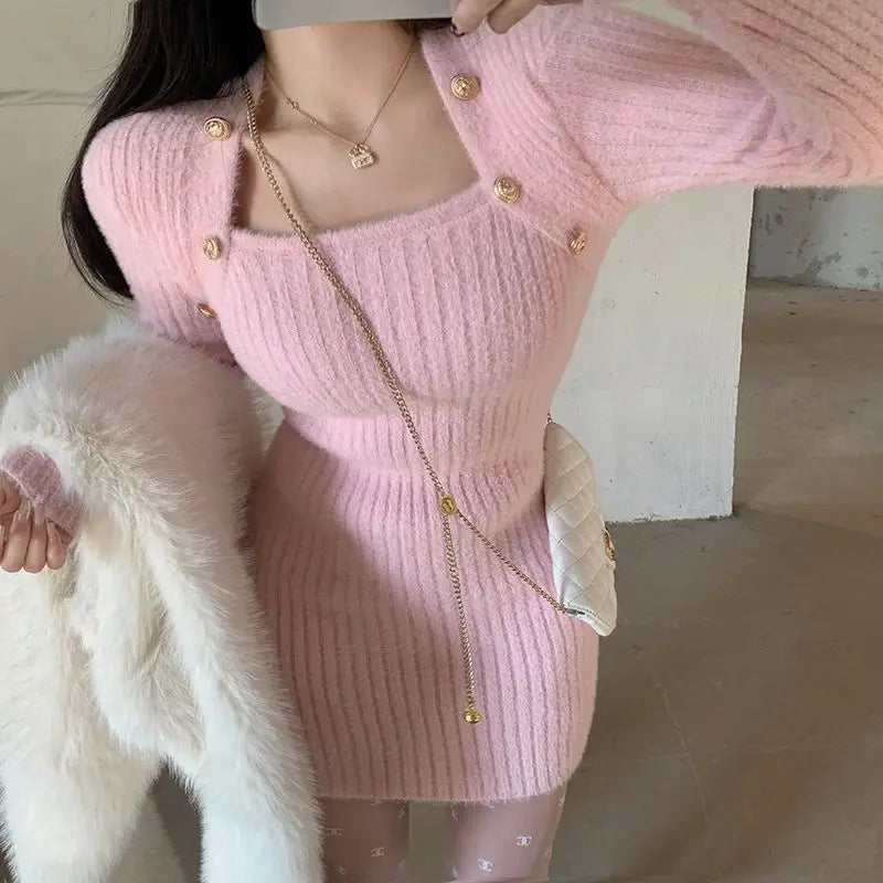 QWEEK Knit Knitted Balck Bodycon Mini Dress 2023 Autumn Winter Korean Fashion Kpop Long Sleeve Short Dresses Streetwear - Seprincess