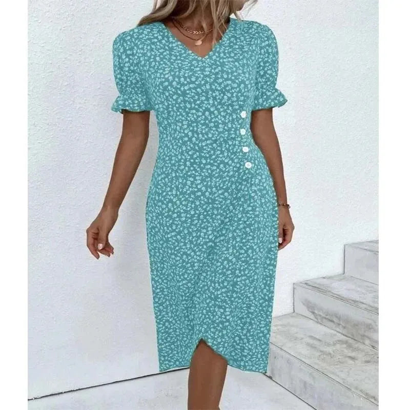 Spring Floral Bodycon Midi Dress For Women V Neck Long Sleeve Ruched Slim Fit Dresses Female Sexy Vestido Robe - Seprincess