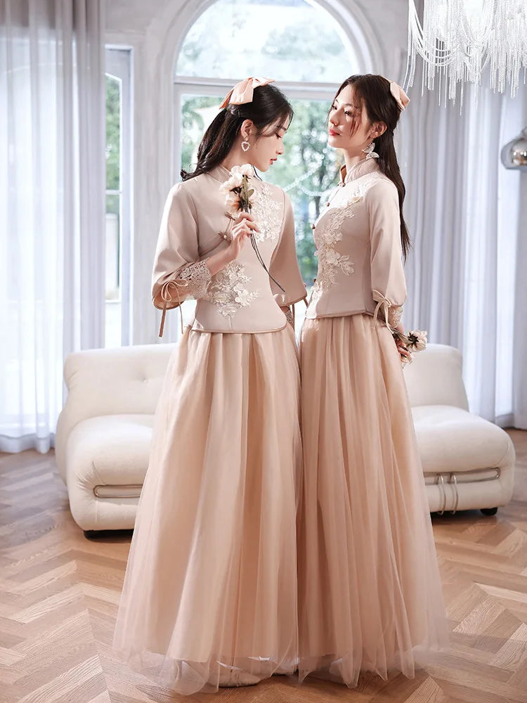 Chinese Wedding Dresses Qipao Traditional Bridesmaid Elegant Khaki Pink Cheongsam Modern Three Quarter Sleeves Outfits for Girls - Seprincess