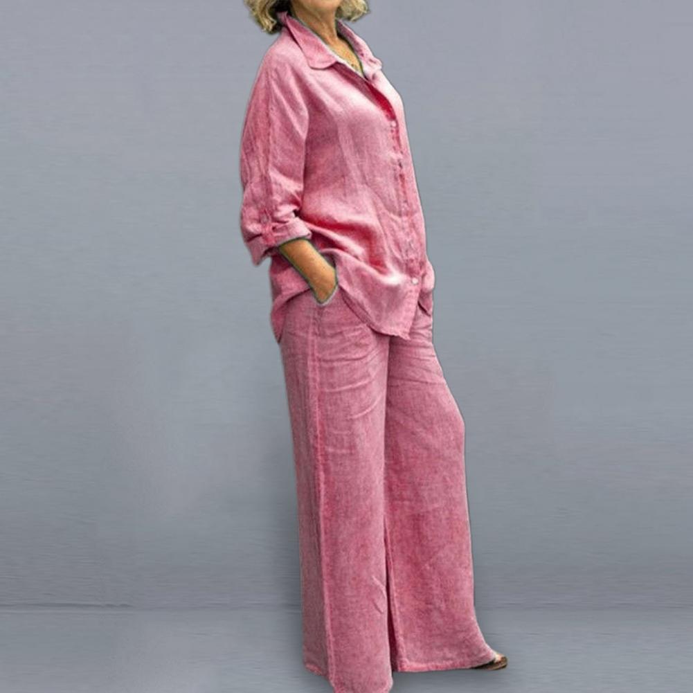 Women Cotton Linen Suits 2023 Elegant Solid Long Sleeve Shirt Wide Leg Trousers Two Piece Set Female Casual Straight Pants Suits - Seprincess