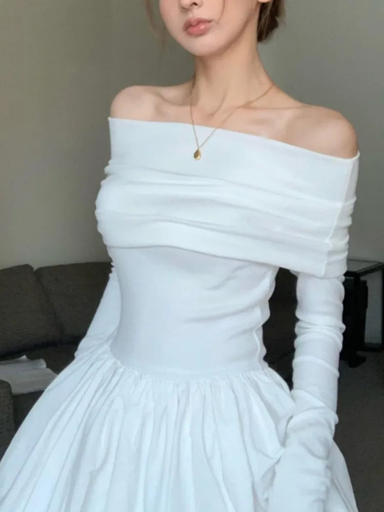 Y2k Fashion Evening Party Maxi White Dress Women Korean Off Shoulder Long Sleeve Birthday Robe Autumn Streetwear Corset Clothes - Seprincess