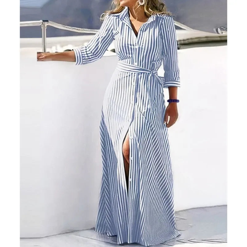 2024 Spring New Fashion Long Sleeved Print Lace-Up Shirt Dress For Women Turn Down Collar Single Breasted Maxi Dress Femme Robe - Seprincess