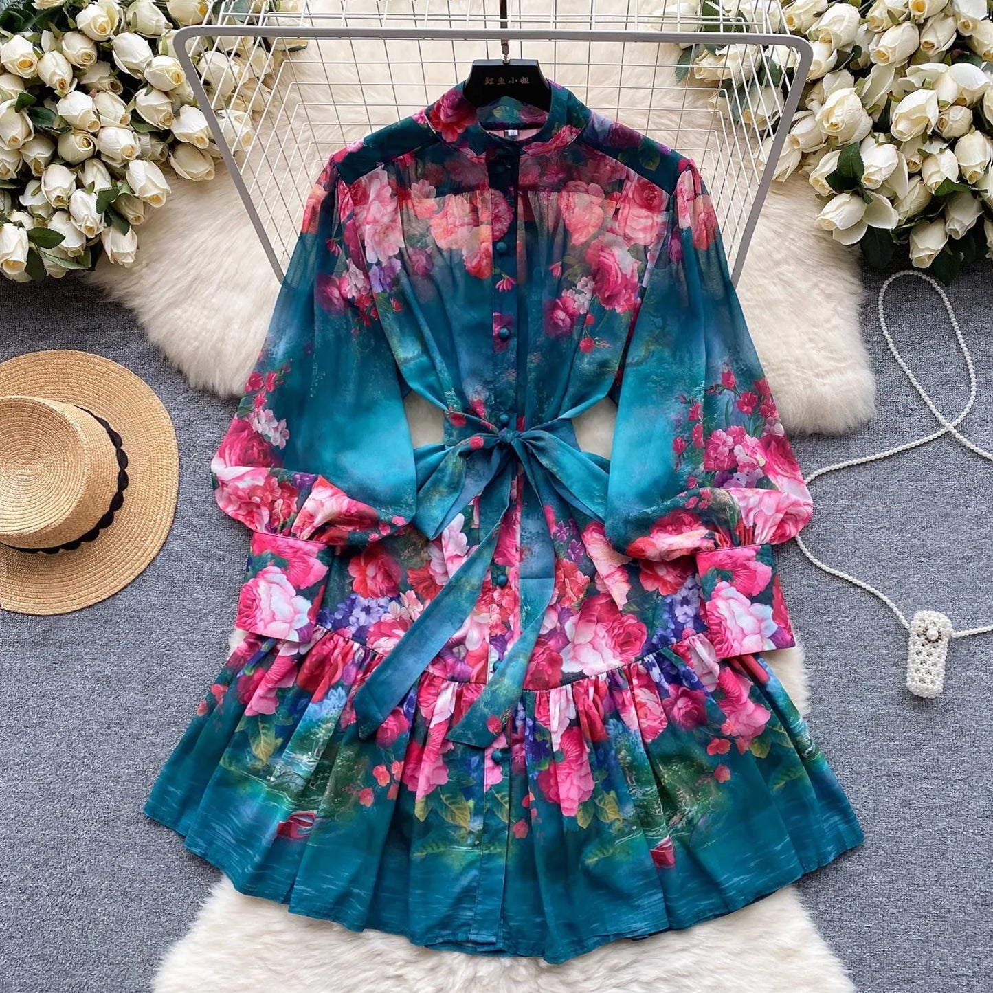 New Summer Holiday Beach Short Dress Women's Stand Long Lantern Sleeve Floral Print Sashes Lace Up Chiffon Loose Vestidos 6362 - Seprincess