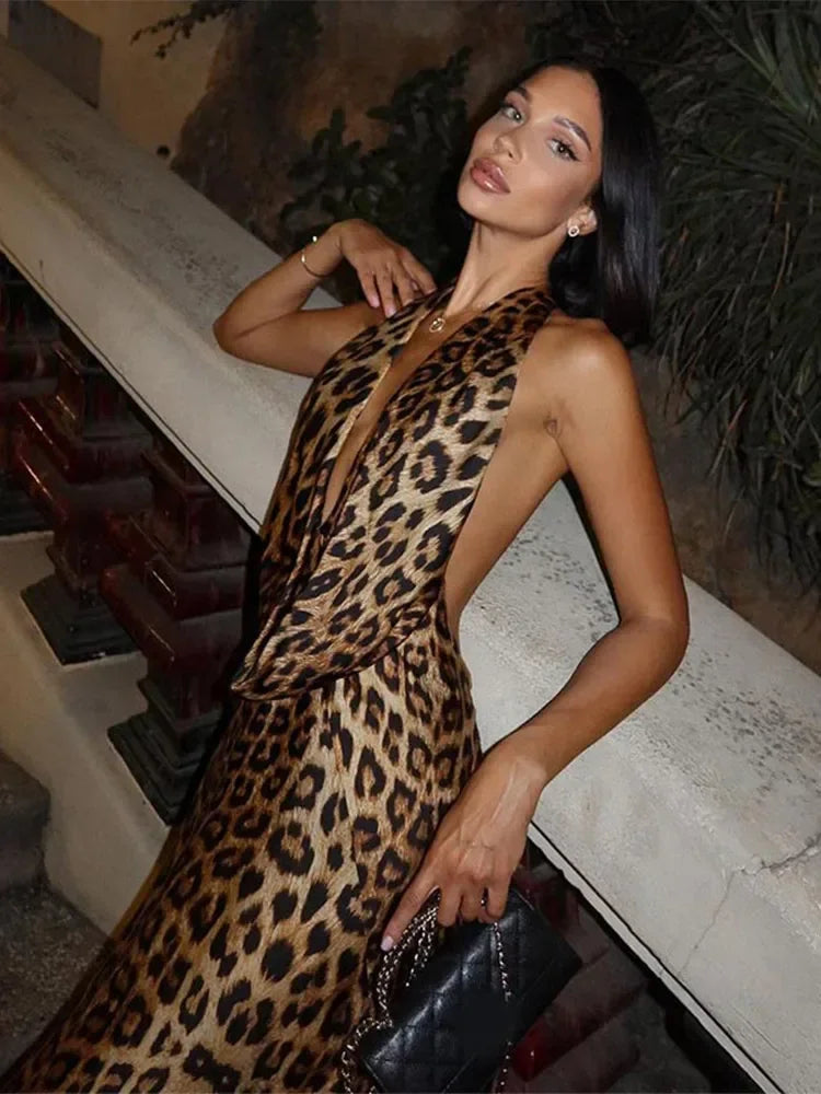 Women Elegant Leopard Print Lace-up Halter Dress Sexy Backless Deep V-neck Slim Long Dresses 2024 New Lady High Street Partywear - Seprincess