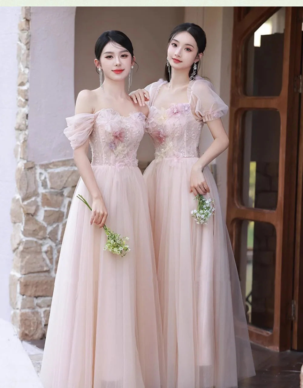 4 Styles Pink Bridesmaid Dress Women's Elegant Thin Tulle Off The Shoulder Flower Appliques A-line Wedding Party Guest Vestido - Seprincess