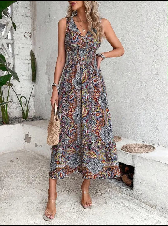 Fashion Sleeveless Maxi Boho Dress Women 2024 Summer Print Elastic Waist Bohemian Elegant Tank Long Dresses For Women Robe Femme - Seprincess