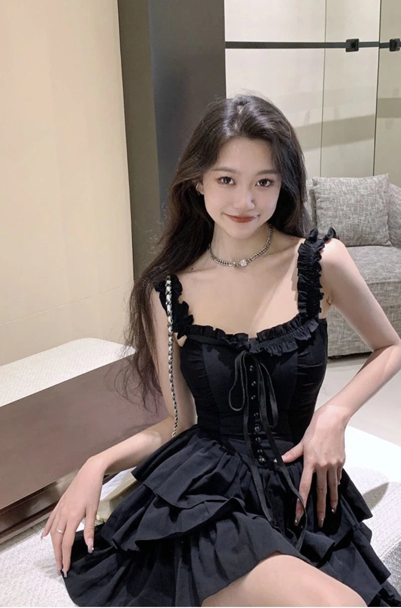 Jmprs Sexy Slip Lolita Style Black Dress Women Vintage Sleeveless Y2K Mini Dress Summer Slim Sweet Korean Lace Up Cake Dress New - Seprincess