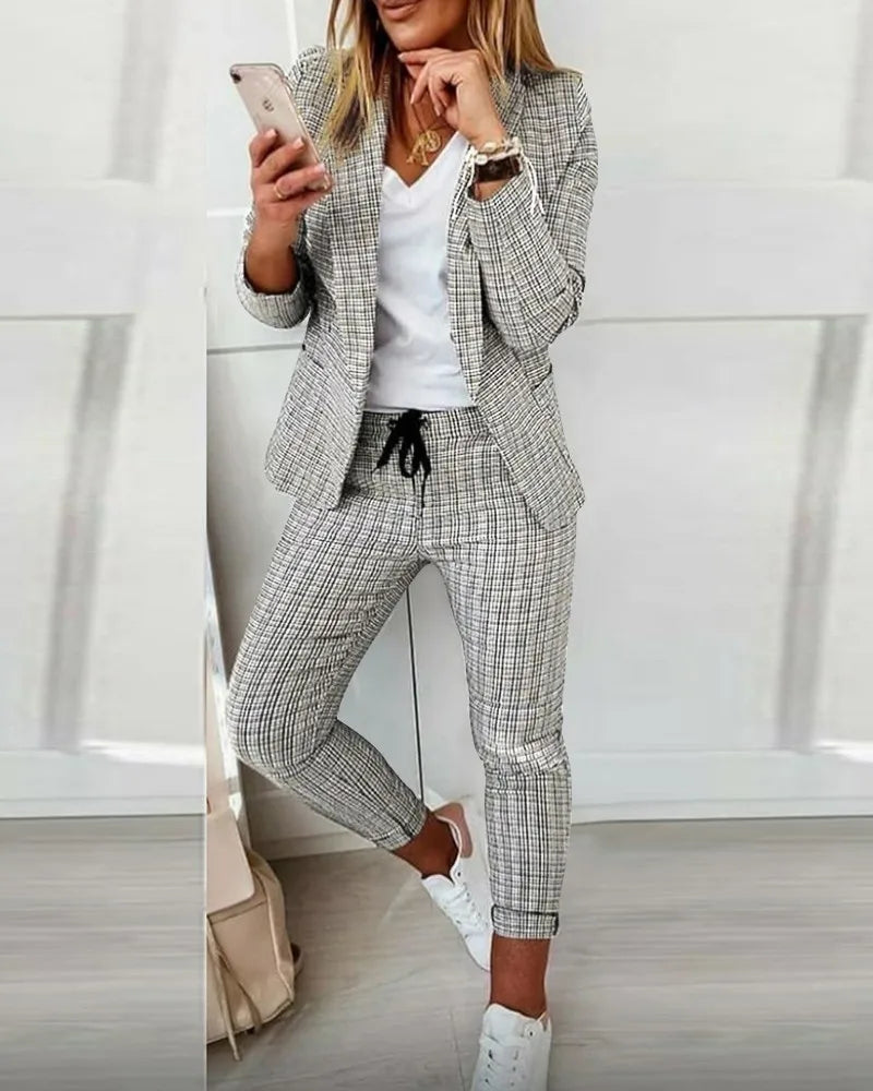 New Autumn Winter Plaid Printing Two Piece Sets Women Casual Notched Collar Blazer & Pants Set Outfits Fashion Elegant Suit Sets - Seprincess