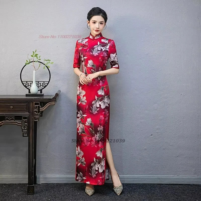 2024 chinese improved qipao vintage stage dress cheongsam national flower print formal qipao oriental banquet evening dress - Seprincess