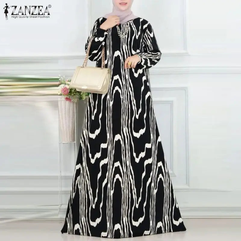 ZANZEA Muslim Women's Dress Elegant Printing Long Sleeve O-Neck Party Long Dresses Casual Islamic Turkey Abaya Hijab Kaftan Robe - Seprincess