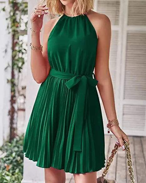 2023 Summer Short Pleated Dress Women Halter Dress Ladies Sleeveless A Line Party Dress For Women - Seprincess