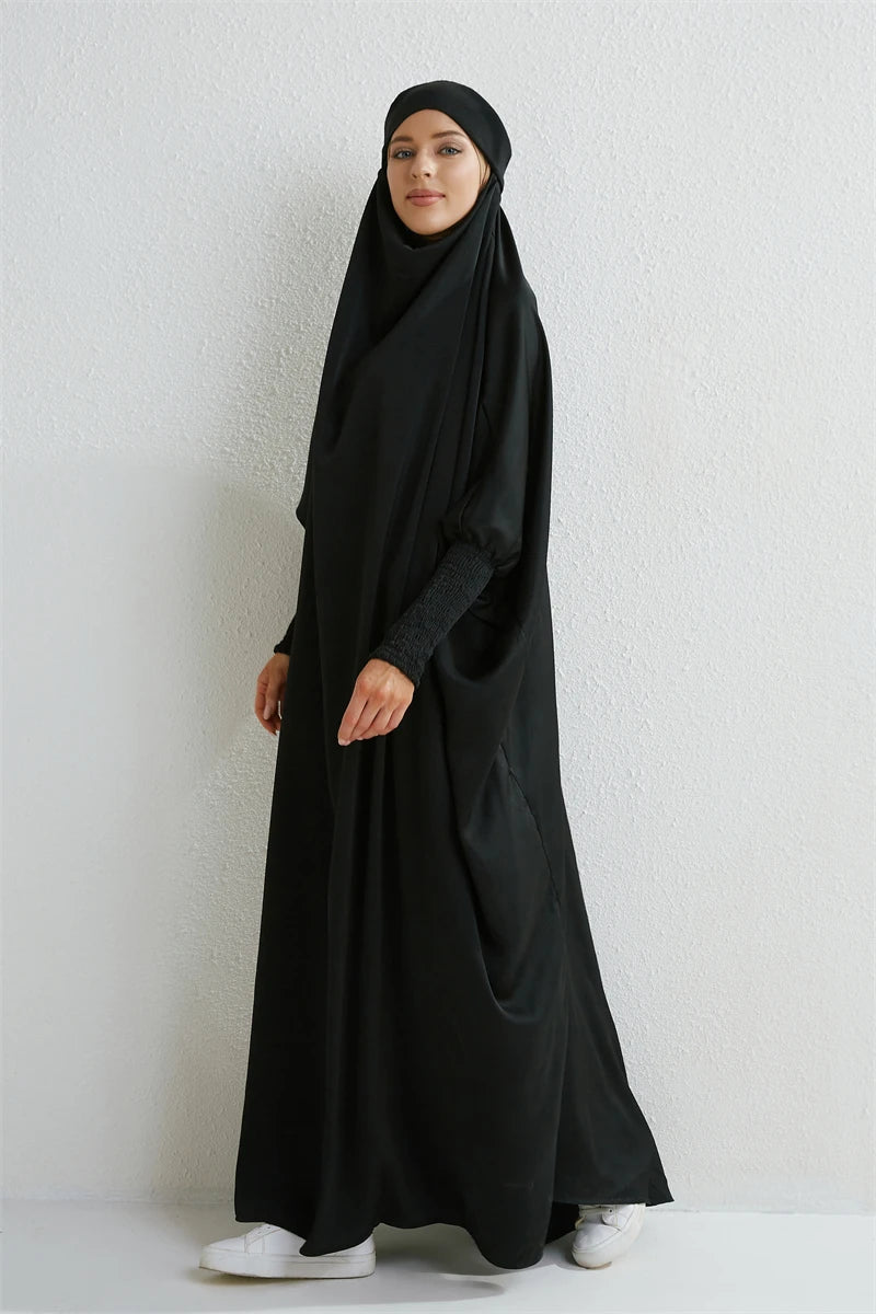 Muslim Abaya Hooded Smocking Sleeve One-piece Prayer Dress Women Jilbab Islamic Clothing Dubai Saudi Black Robe Turkish Modesty - Seprincess