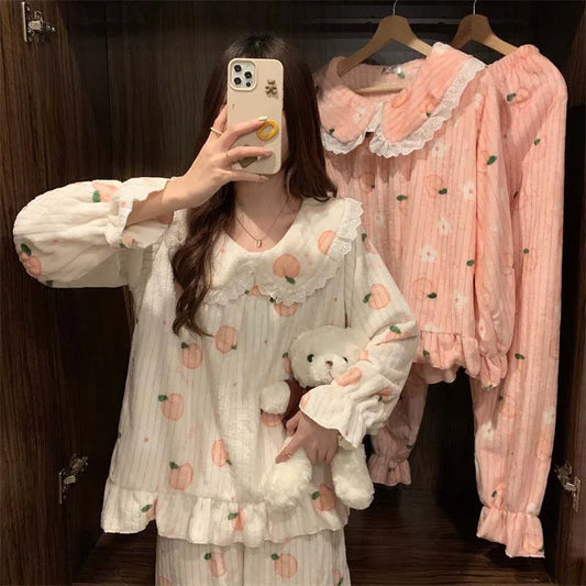 Cartoon Pajama Sets Women Pyjamas Warm Flannel Sleepwear Girl Pijama Set Suit Pant Home Korean Peach Sleep Lace Sleepwear - Seprincess