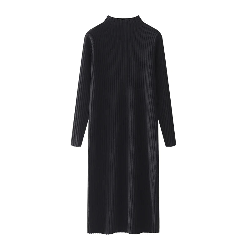 ABRINI Women Fall Versatile Mock Neck Knit Dress New Winter Inner Layer Long Sleeved Dress Casual Loose Mid-Length Sweater Dress - Seprincess