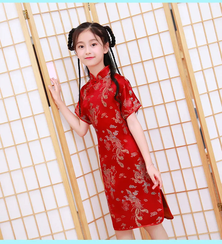 Summer Children Cheongsam Dragon Phoenix Embroidery Qipao Princess Dress Chinese Style Dresses New Year Qipao Gift Tang Clothes - Seprincess