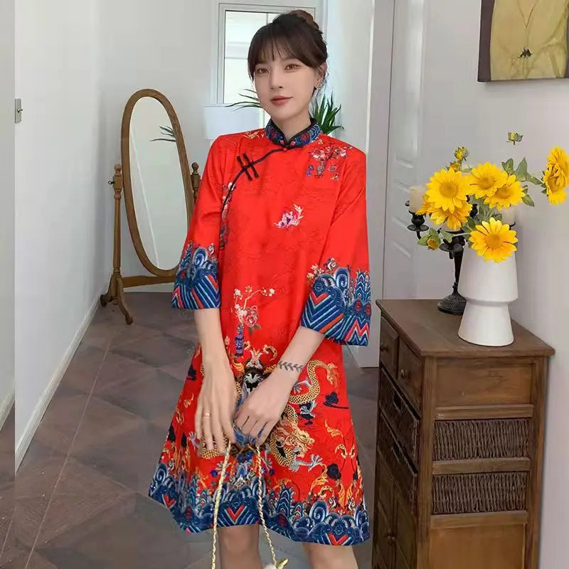 Red Blue Loose 2024 New Fashion Modern Chinese Cheongsam A-line Dress Women 3/4 Sleeve Qipao Traditional Chinese Clothes - Seprincess