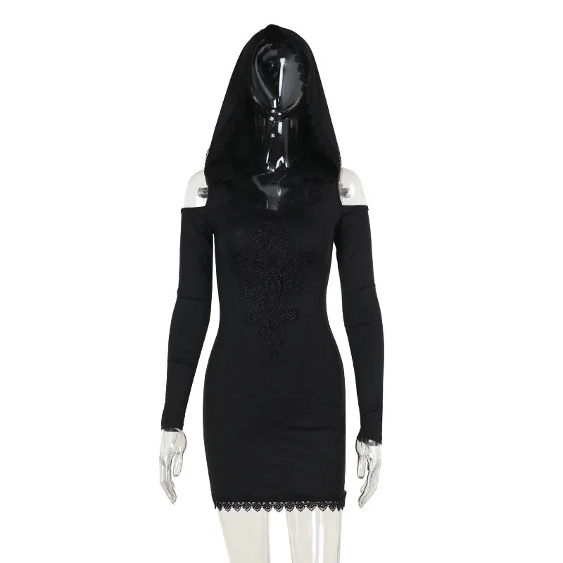 Goth Dark Harajuku Fashion Embroidery Bodycon Mini Dress Black Vestido Grunge Techwear Mall Gothic Off Shoulder Hooded Dresses - Seprincess