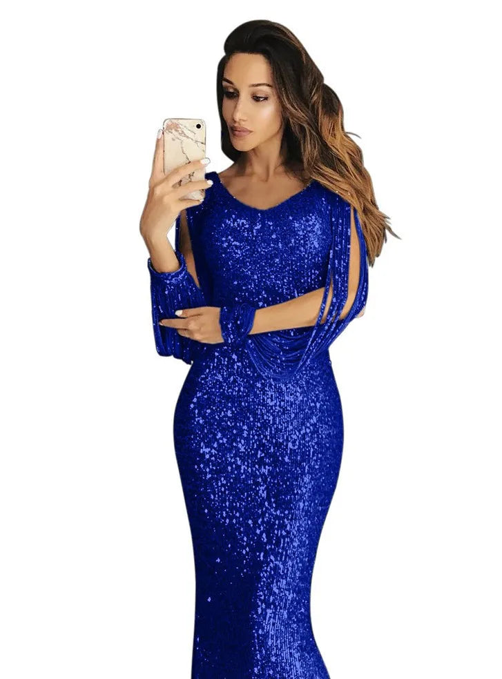 Spring 2022 Women Fashion Elegant Sequins Solid Color Maxi Wedding Evening Party Dress Female Long Tassel Sleeve Bodycon Dresses - Seprincess