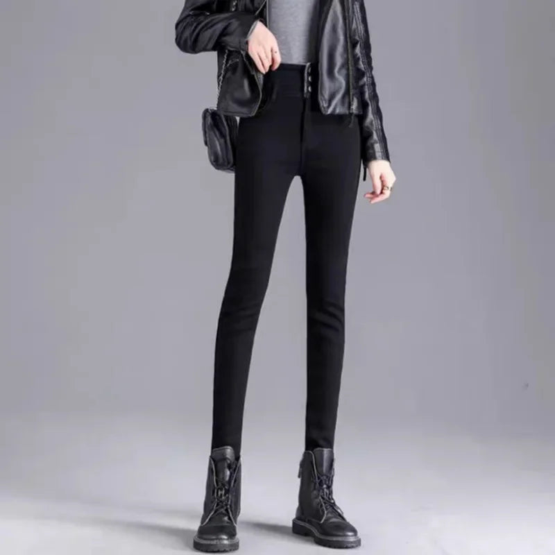 2024 Autumn/Winter New Solid Color Slim Fit Women's Jeans High Waist Buttoned Wool Lined And Thickened Pencil Leggings