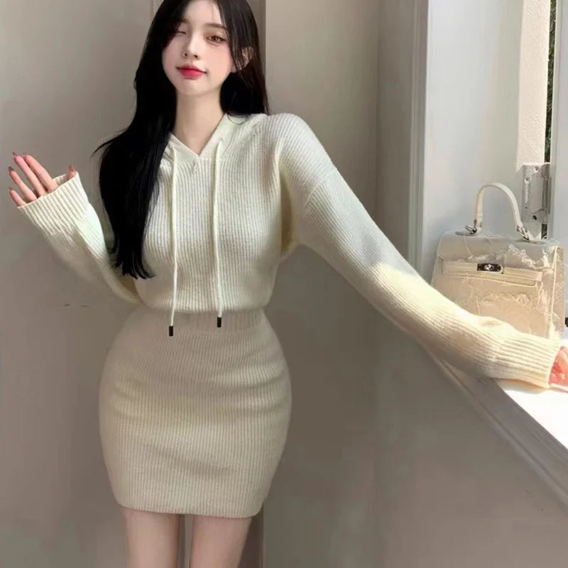 Women Winter Dress Knitted Sweater Solid Slim Elastic Hoodie Dress High Waist Vintage Pullovers Sniper Style Mini Dress Korean - Seprincess