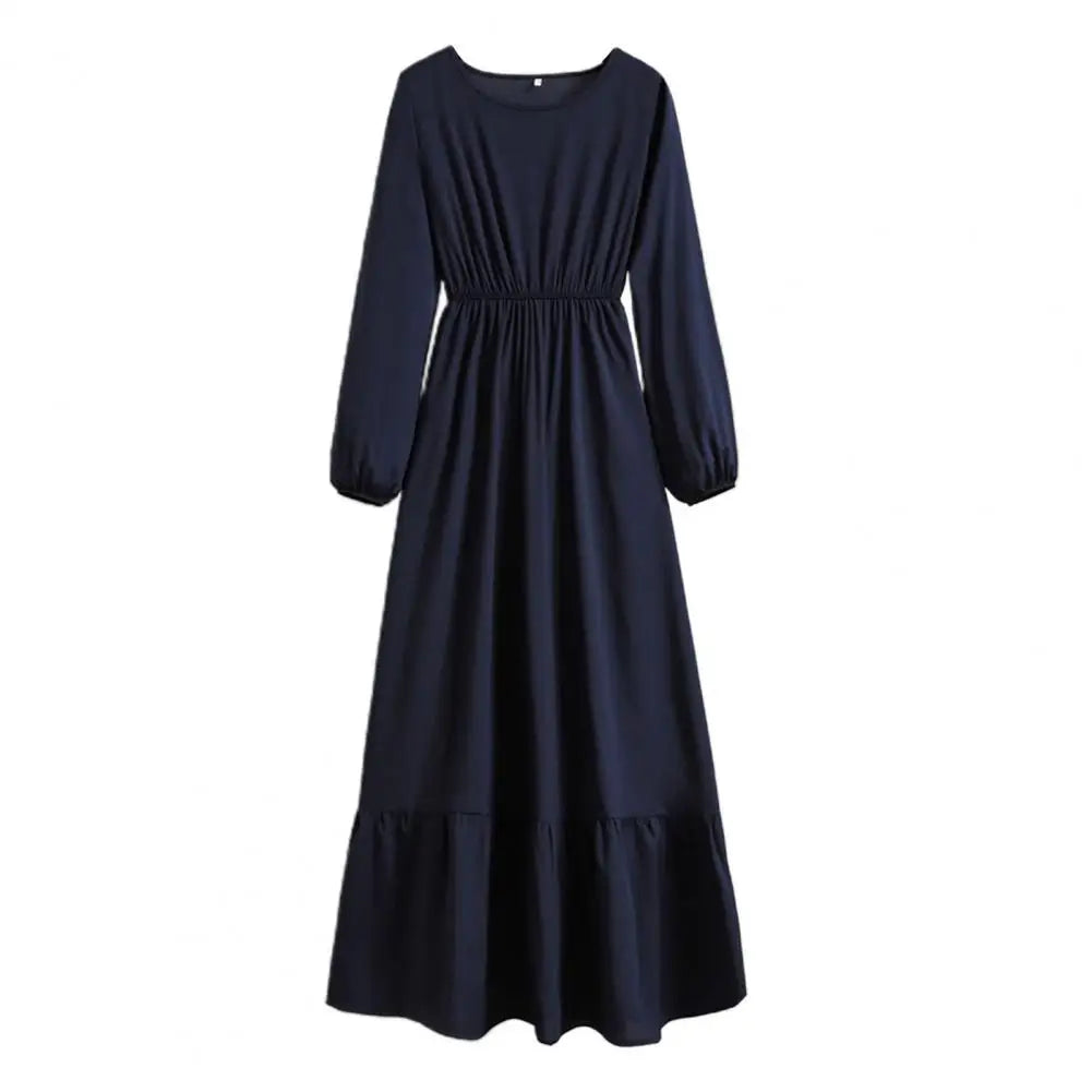 Women Spring Fall Dress Pleated Long Sleeve Round Neck High Waist Loose Hem Dress-up A-line Patchwork Lady Maxi Dress Female Clo - Seprincess