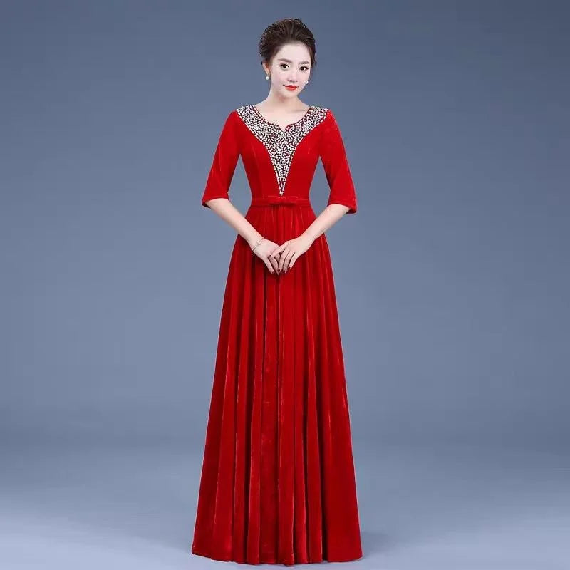 Golden Velvet Chorus Performance Dress New Year Eve Spring Festival Gala Women Chinese Slim Fit Mother Chorus Conductor Clothing - Seprincess