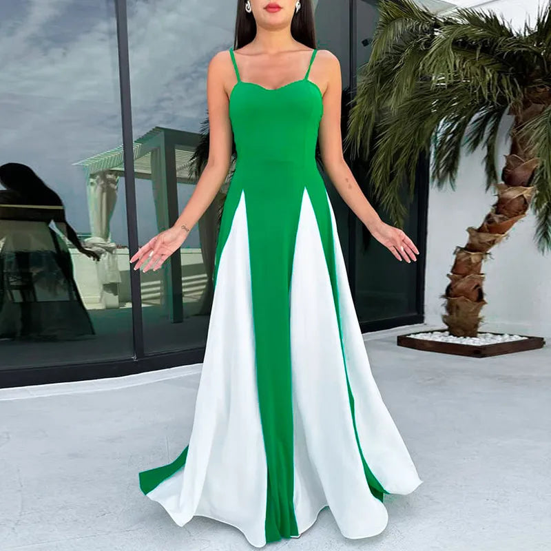 Fashion Contrasting Color Spaghetti Strap Dress For Women Elegant Gauze Backless A-line Long Dresses New Lady Party Evening Gown - Seprincess